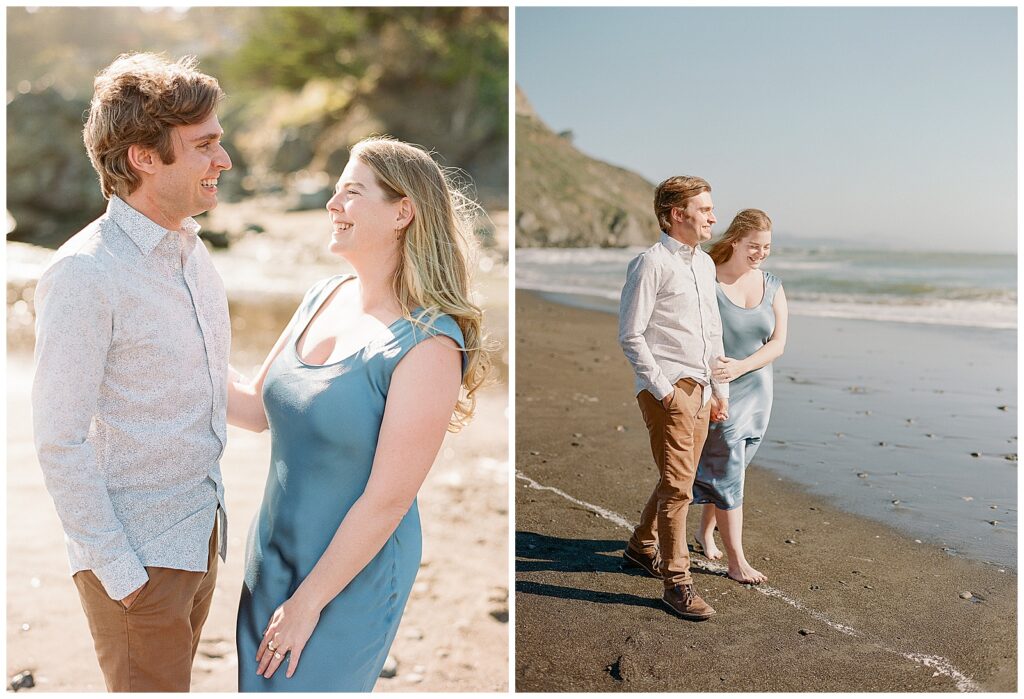 Muir Beach engagement photos with blue silk dress
