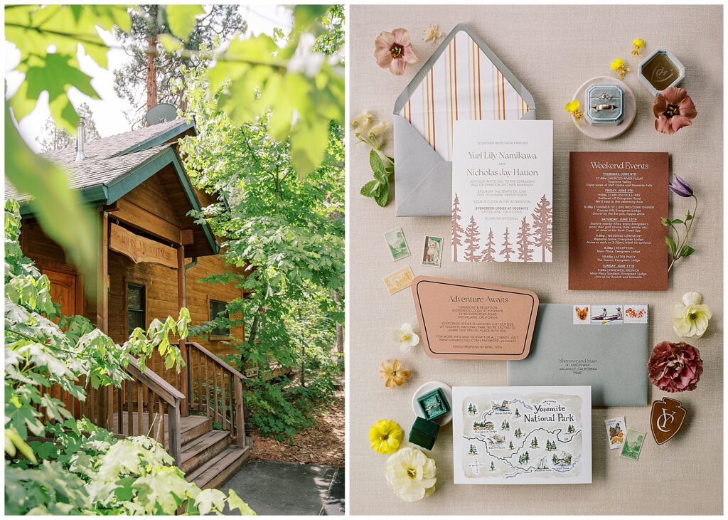 Shimmer and Stain wedding invitation for Yosemite wedding at Evergreen Lodge