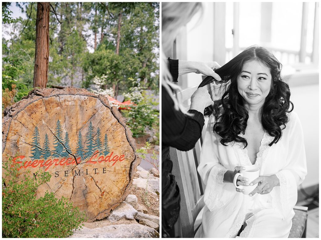 bride getting ready for Evergreen Lodge Yosemite wedding
