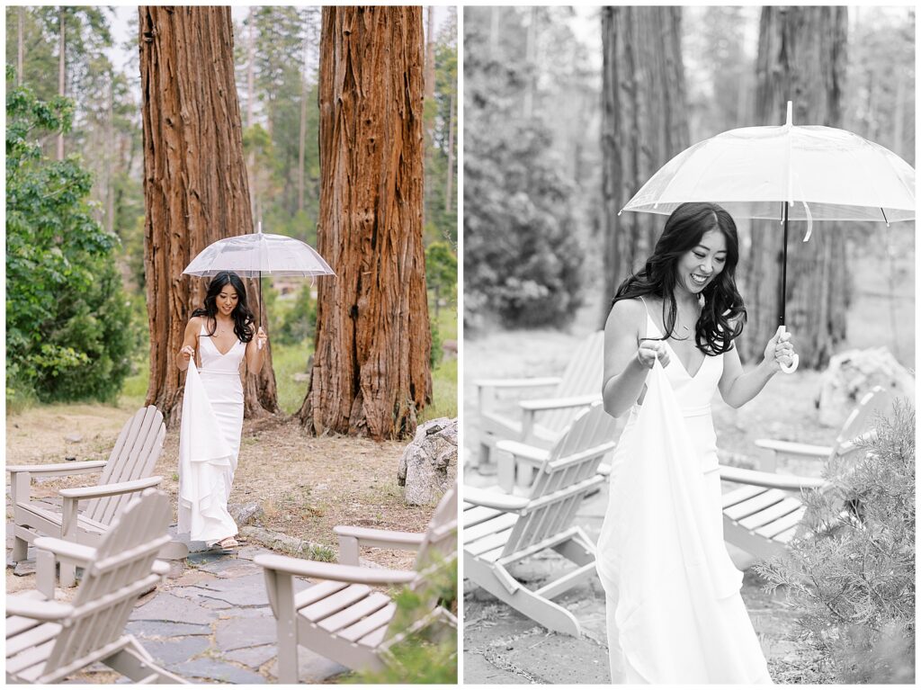 First look with clear umbrellas on rainy wedding day at Evergreen Lodge Yosemite