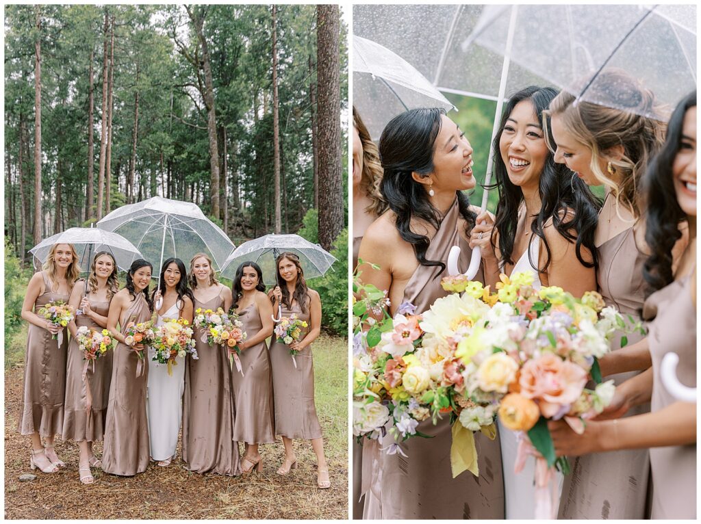 Bridesmaids at Evergreen lodge wedding yosemite in the rain