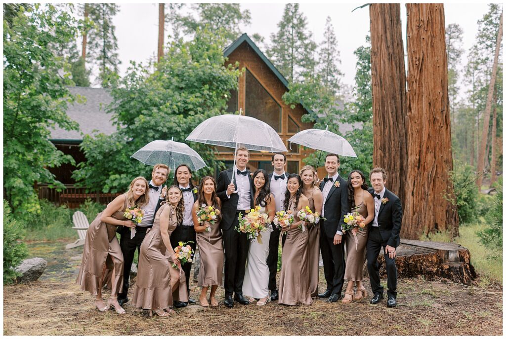 Wedding Party at Evergreen lodge wedding yosemite in the rain