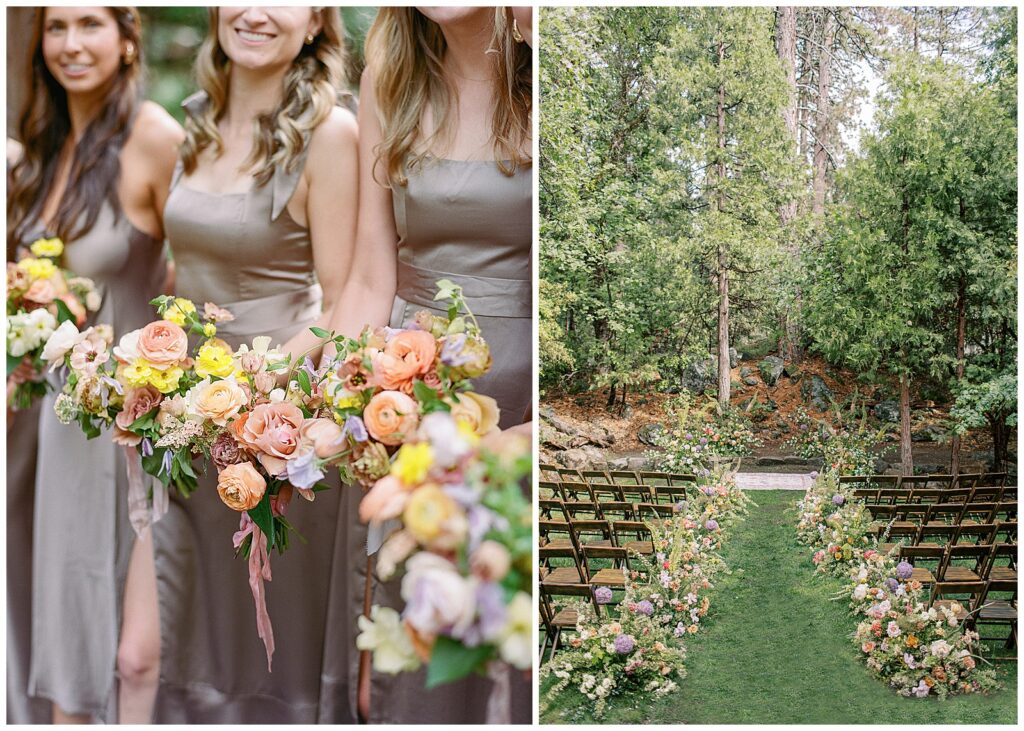 Bridesmaids in Taupe dresses with lush colorful bouquets by The Posh Posey