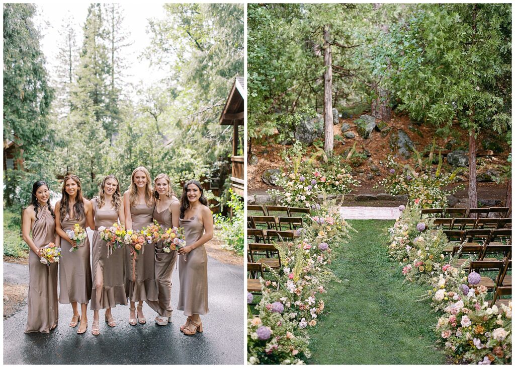 Bridesmaids in Taupe dresses with lush colorful bouquets by The Posh Posey