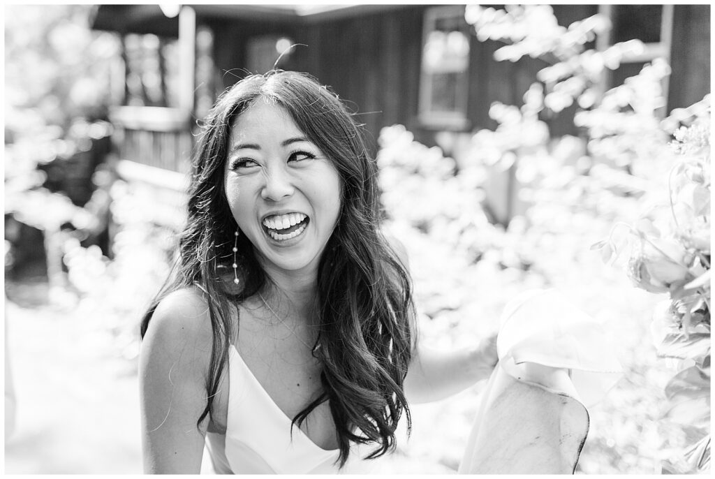 Bride glowing after wedding ceremony at Evergreen Lodge Yosemite