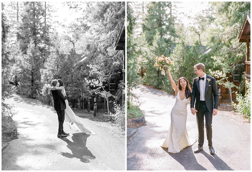 Bride and groom just married at Evergreen Lodge Yosemite