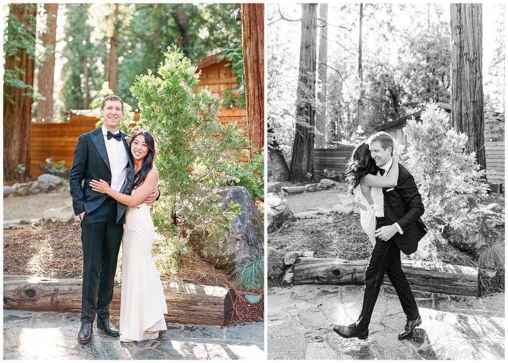 Bride and groom at sunset in the redwood trees Evergreen Lodge Wedding Yosemite bride in sarah seven wedding dress with Jenn Robirds Events