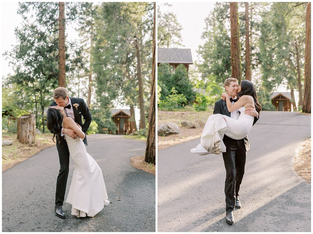 Bride and groom at sunset in the redwood trees Evergreen Lodge Wedding Yosemite bride in sarah seven wedding dress with Jenn Robirds Events