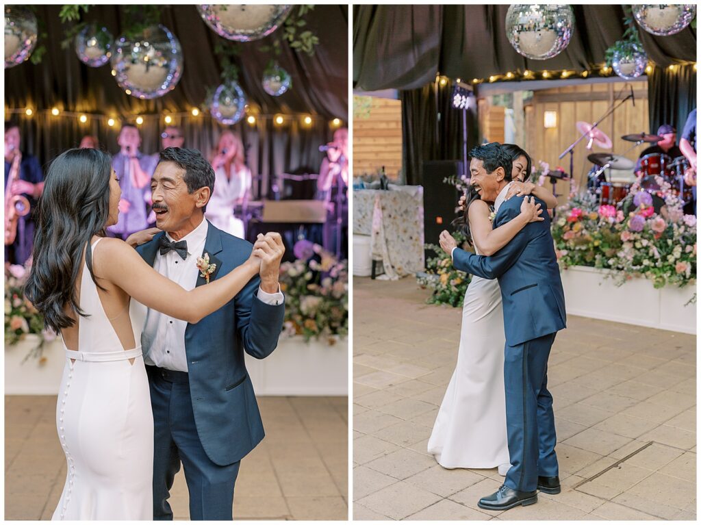 Father Daughter dance in Sarah Seven wedding dress under disco balls at Evergreen Lodge Yosemite Wedding