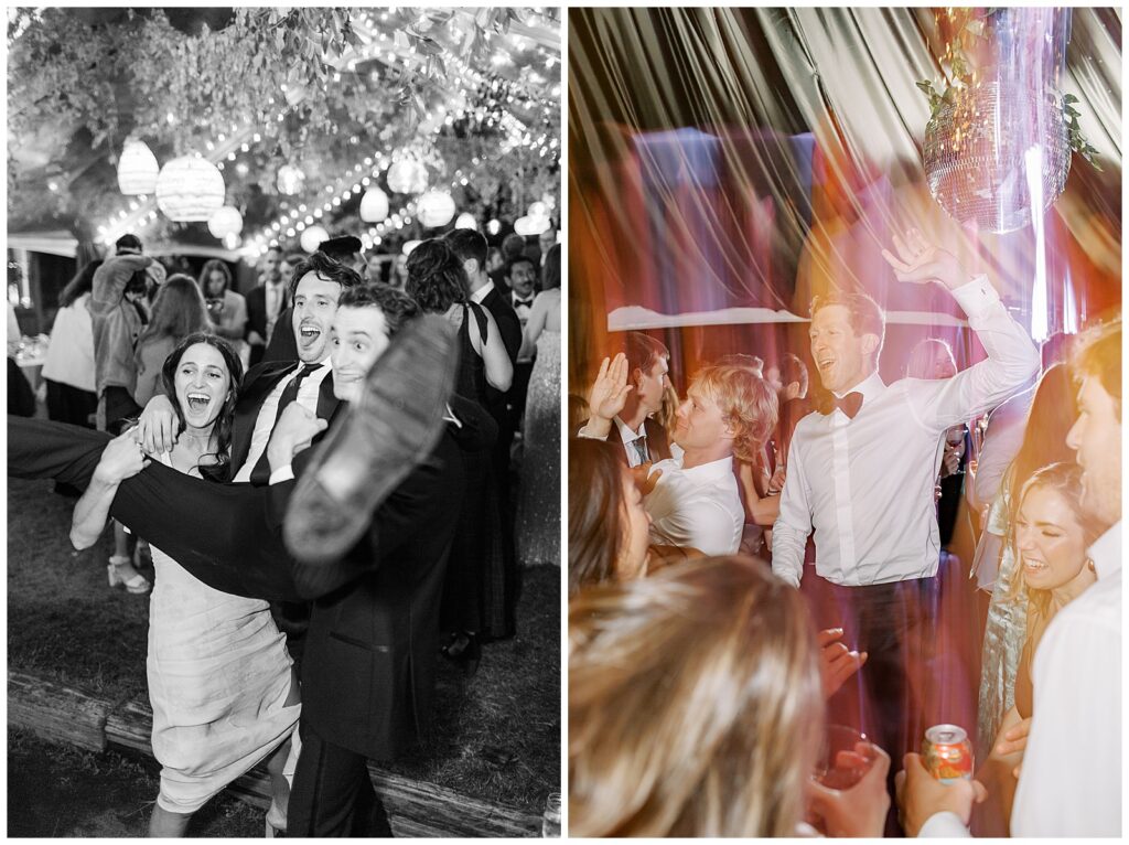 Wedding reception under disco balls at Evergreen Lodge Yosemite Wedding with Take2 Dance Band