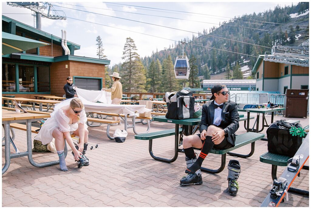 Couple going skiing the day after their June wedding in Lake Tahoe