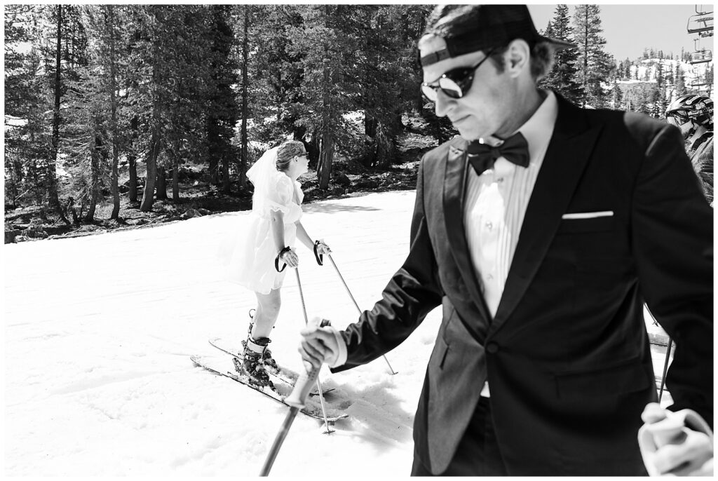 Bride and groom skiing the day after wedding