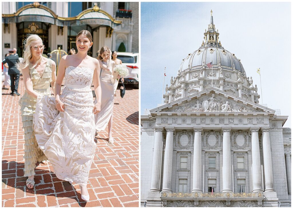 Bride leaving Mark Hopkins Hotel for wedding at SF City Hall