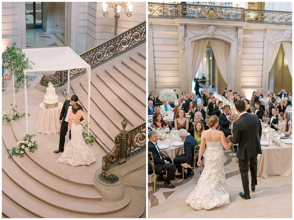 couple making their entrance at SF City hall wedding reception