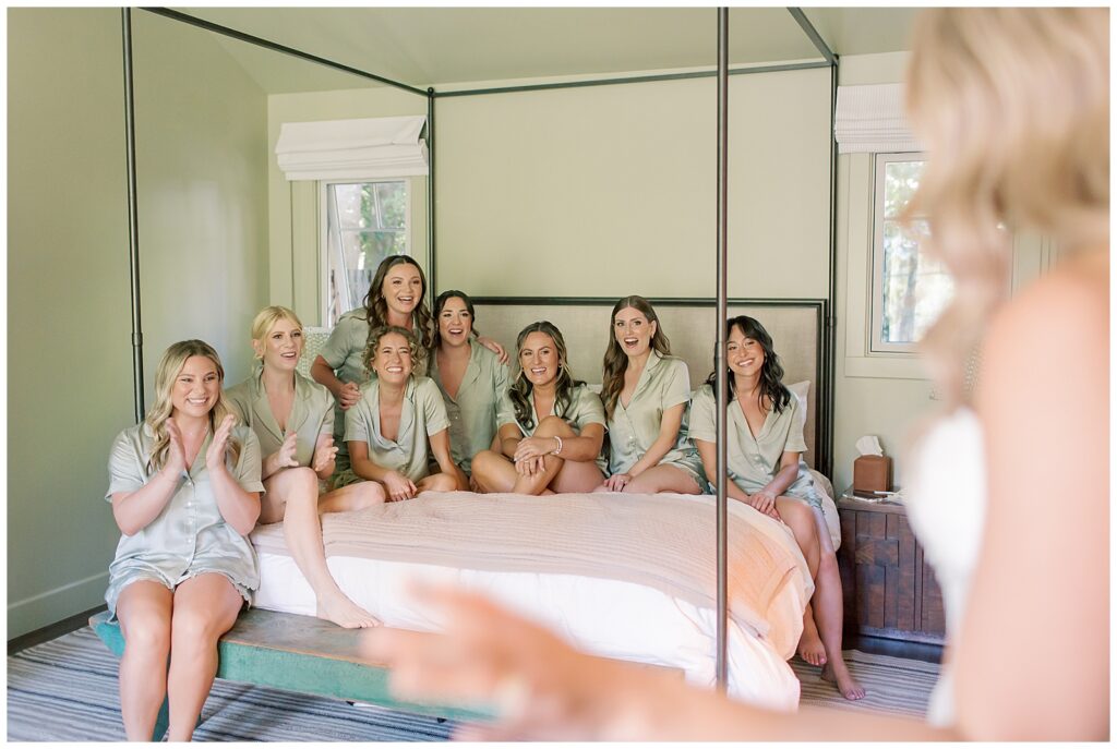 first look with bridesmaids at dawn ranch wedding