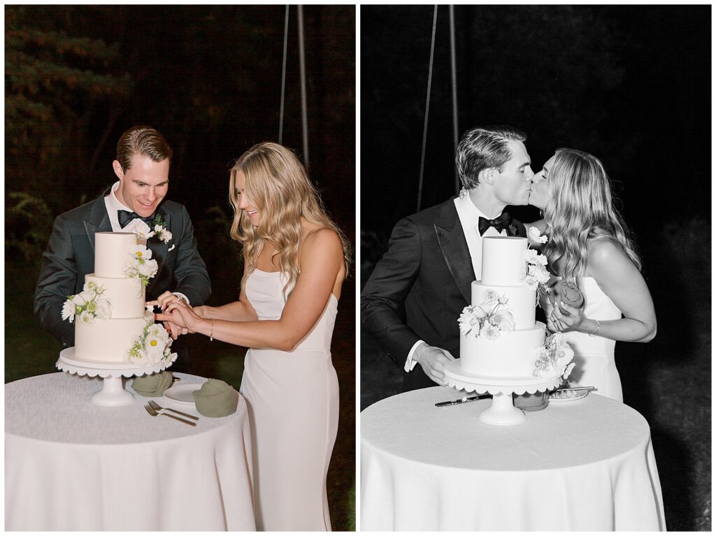 Elegant three tiered wedding cake with white cosmos