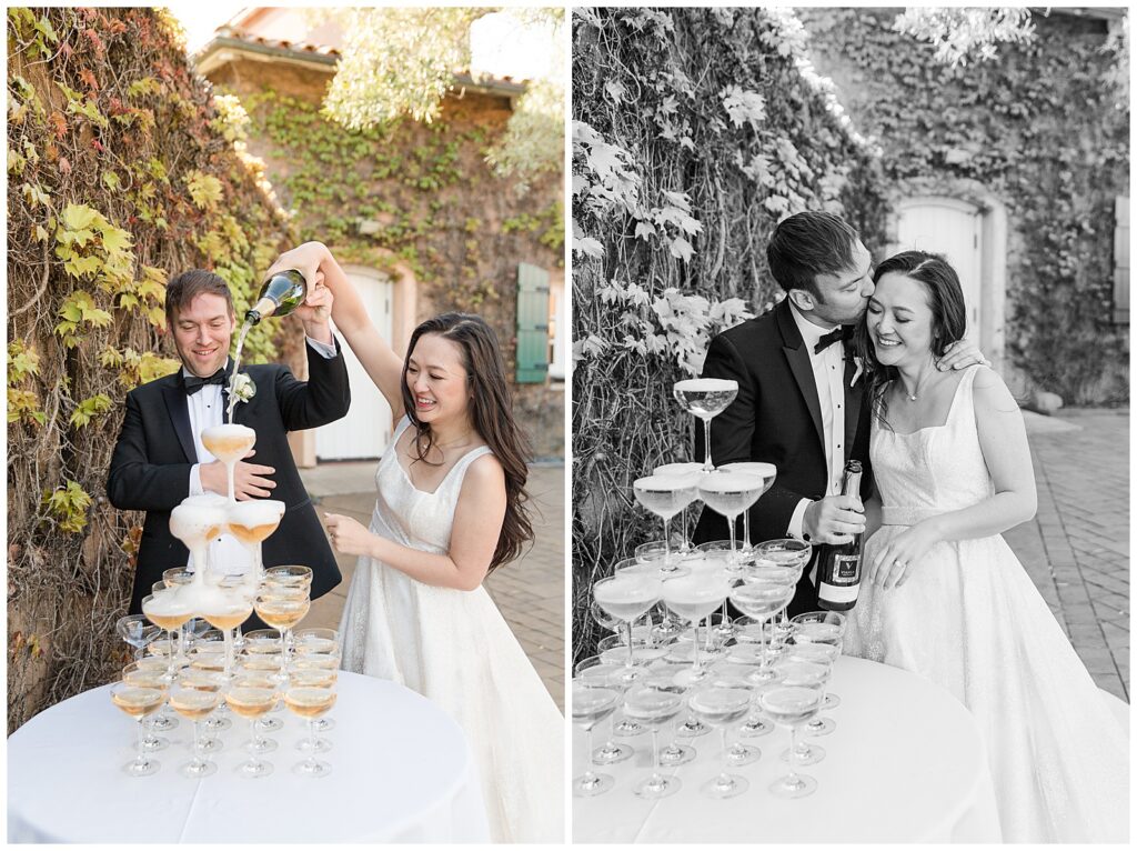 champagne tower after wedding ceremony