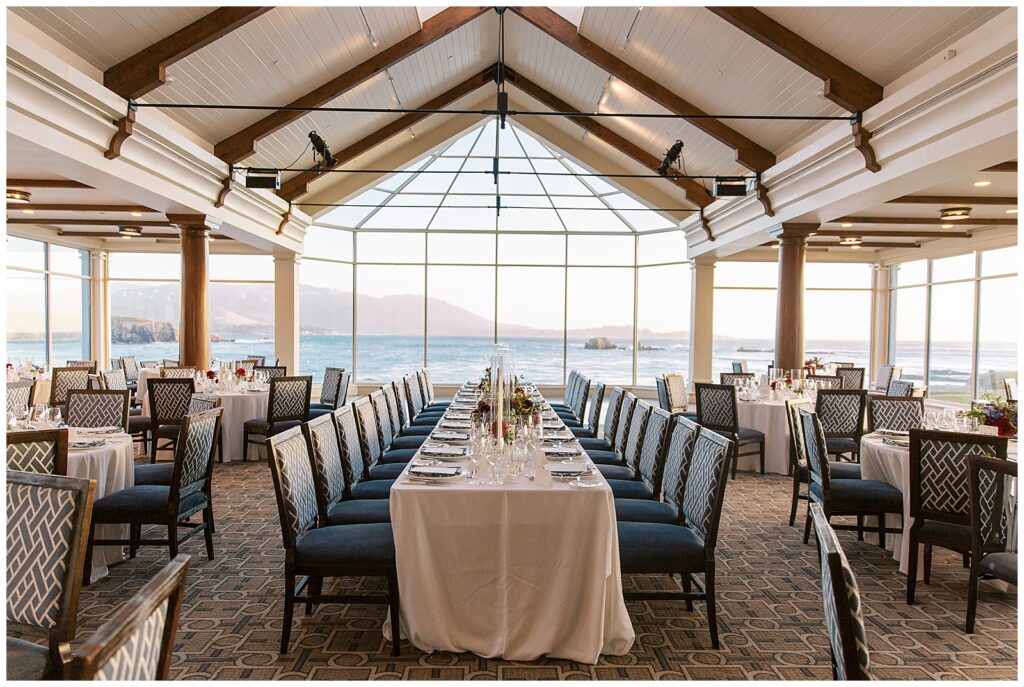 Winter wedding reception at Pebble Beach Beach & Tennis Club with reds and blues