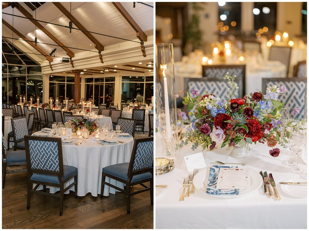 Winter wedding reception at Pebble Beach Beach & Tennis Club with reds and blues