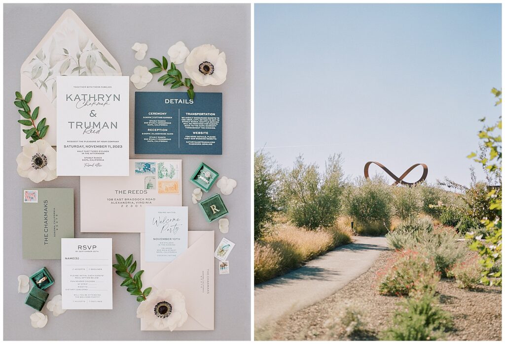 Wedding invitation with creams, navys, and greens for Stanly Ranch wedding