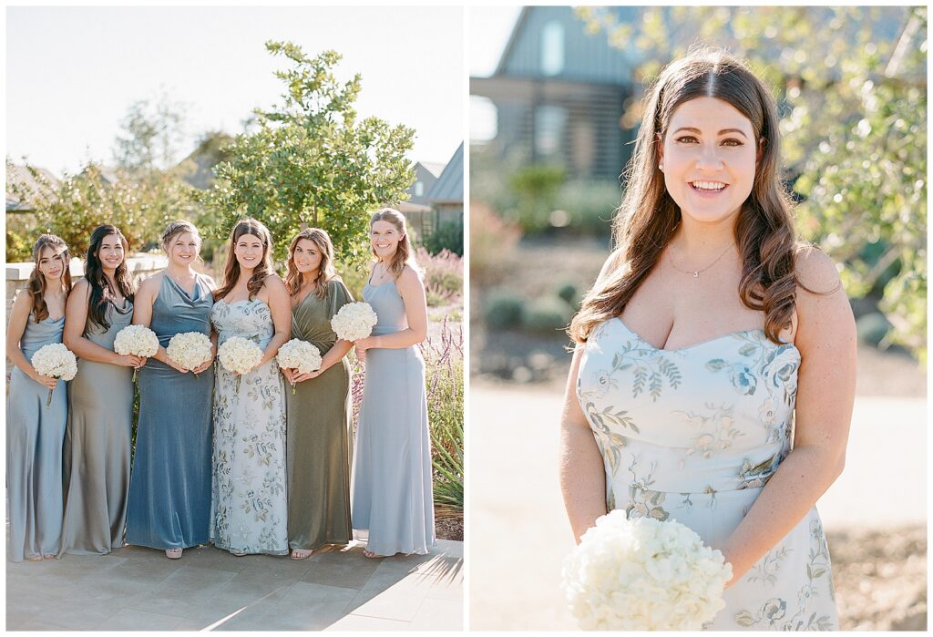 bridesmaids in blue and green mismatched dresses