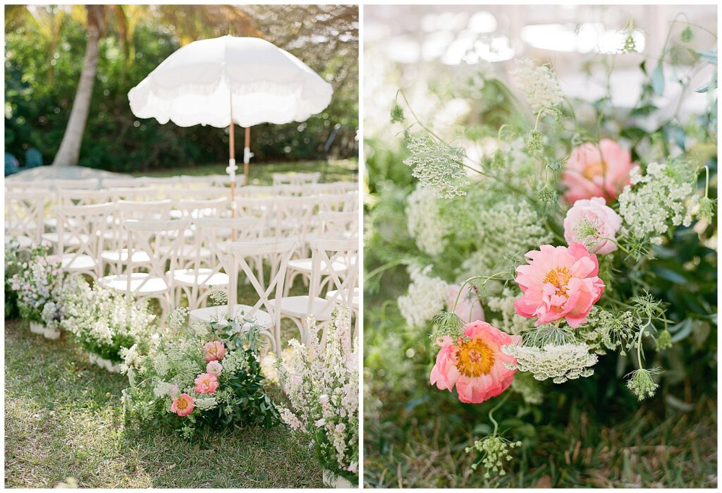Wedding ceremony at Jubilee Estate Sarasota with umbrellas and florals by Flower Smith