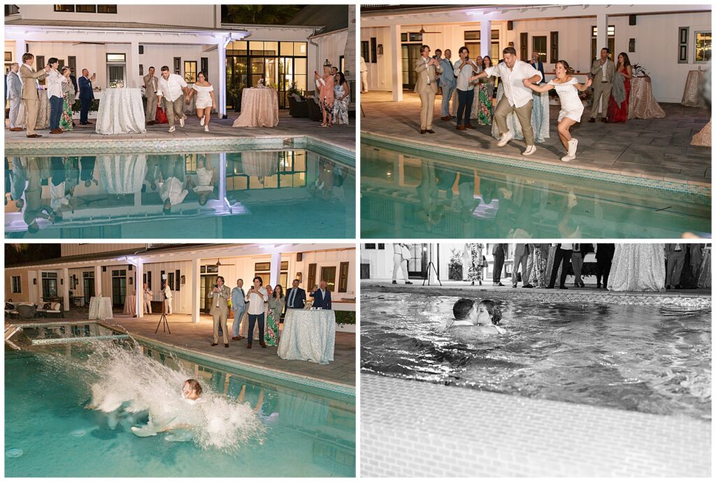 Bride and groom jump into pool at end of wedding day