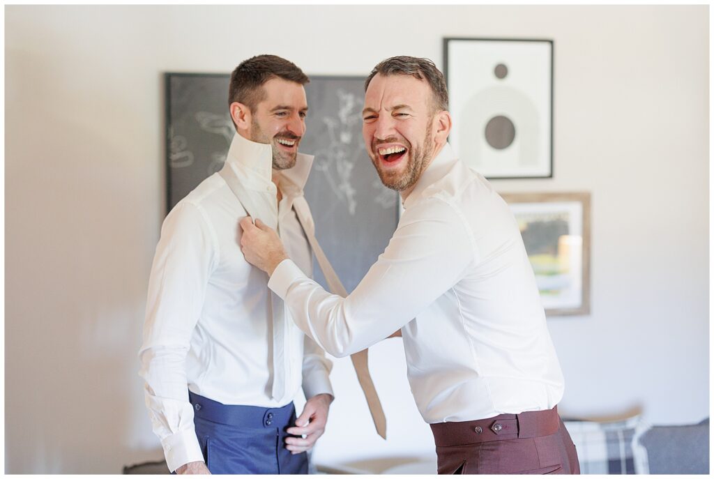 Grooms getting ready together for wedding at Cornerstone