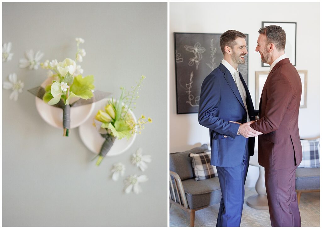 Grooms getting ready together for wedding at Cornerstone