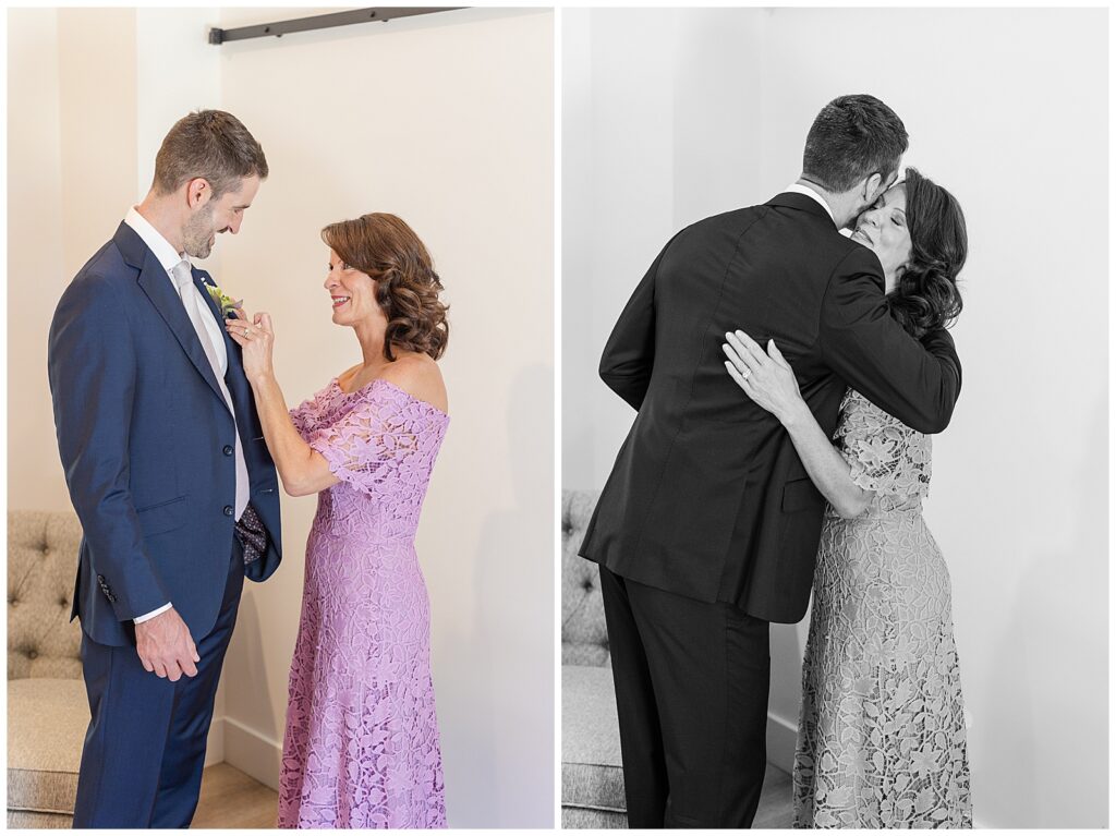 Groom's mom helping with boutonniere before wedding